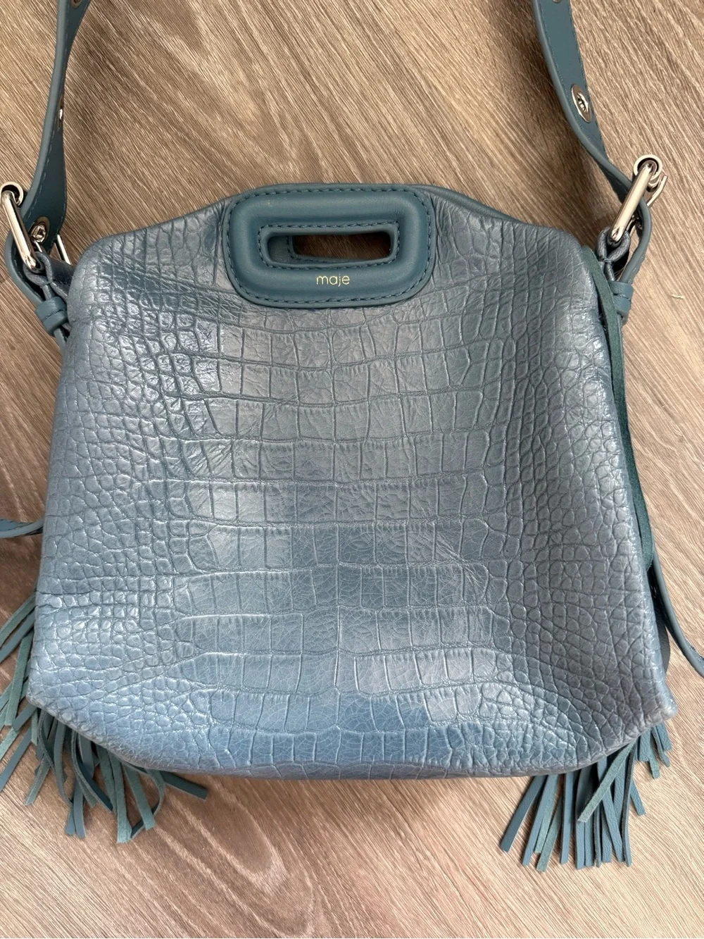Maje Blue Croc-Embossed Fringe Shoulder Bag